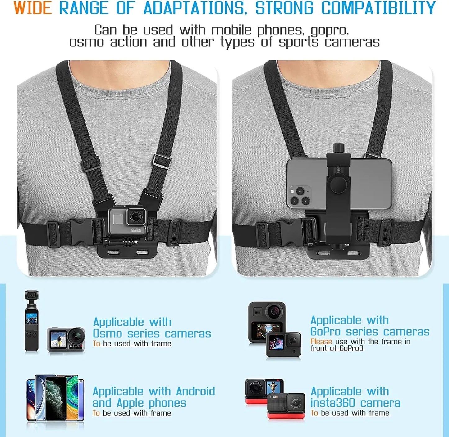 POV Mobile Phone Chest Strap Mount, Harness Strap Holder Universal Cell Phone Clip for Action Camera POV Compatible with iphones, Samsung, Gopro Samsung phones