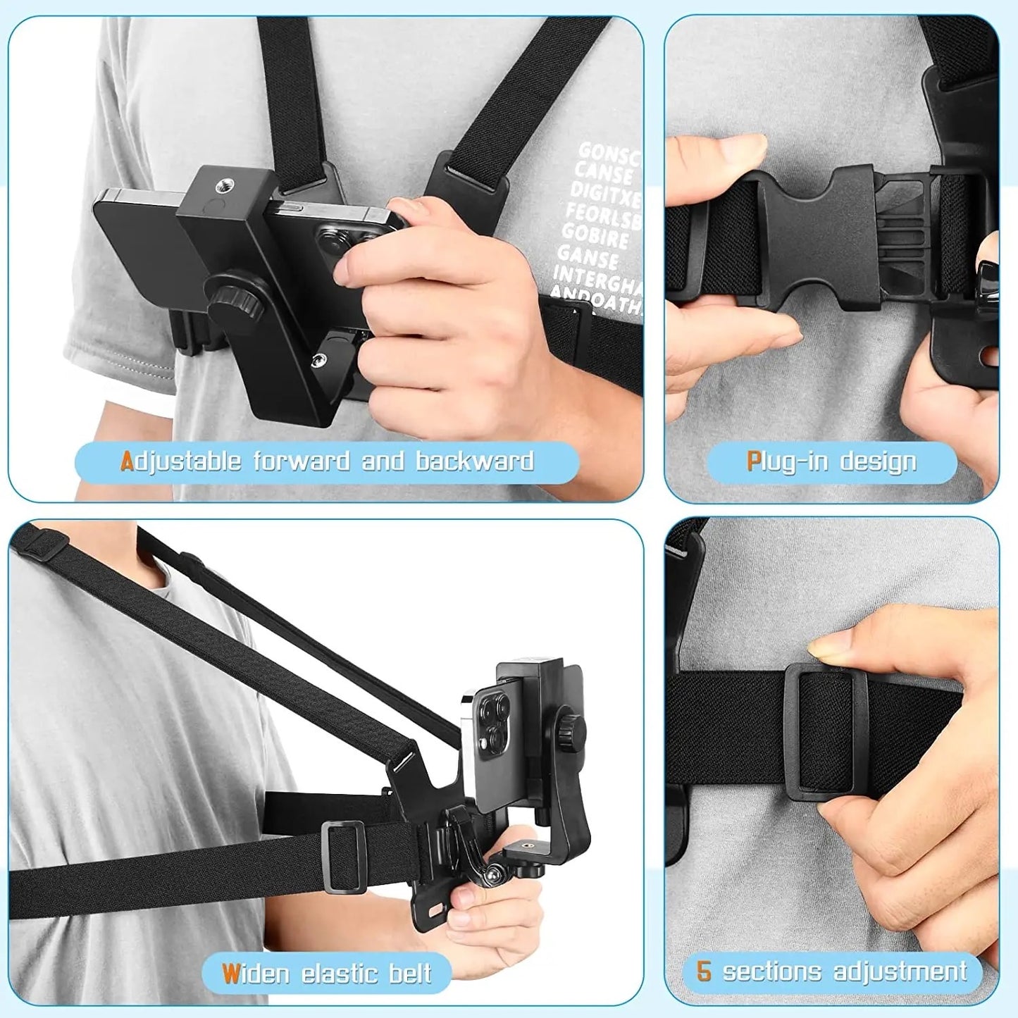 POV Mobile Phone Chest Strap Mount, Harness Strap Holder Universal Cell Phone Clip for Action Camera POV Compatible with iphones, Samsung, Gopro Samsung phones