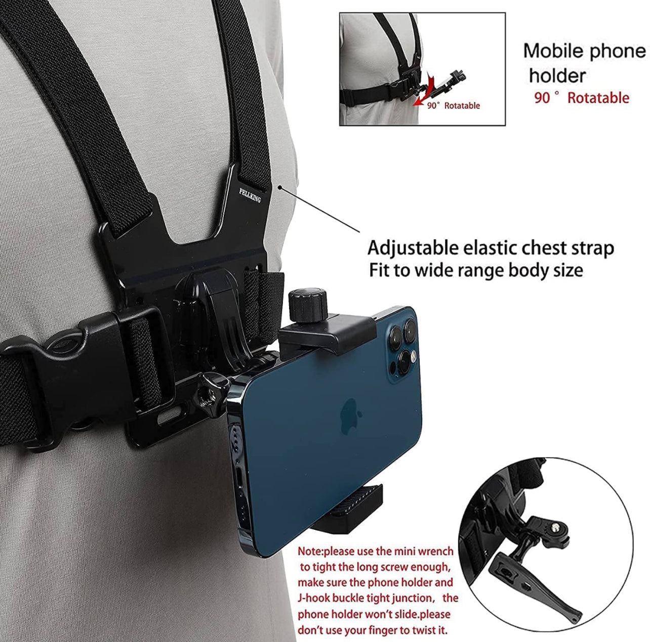 POV Mobile Phone Chest Strap Mount, Harness Strap Holder Universal Cell Phone Clip for Action Camera POV Compatible with iphones, Samsung, Gopro Samsung phones